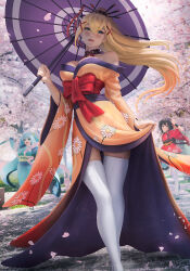 3girls aqua_(konosuba) aqua_eyes aqua_kimono arm_up black_hair blonde_hair blurry bow breasts cherry_blossoms crossed_legs darkness_(konosuba) depth_of_field floral_print_kimono flower folding_fan hair_between_eyes hair_ornament hand_fan highres holding holding_umbrella japanese_clothes kimono long_hair looking_at_viewer megumin multiple_girls oil-paper_umbrella petals red_bow red_kimono short_kimono skindentation solo_focus thighhighs umbrella watson_cross white_thighhighs x_hair_ornament yellow_kimono zarory