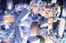 Rule 34 | 3girls, absurdres, armor, artist logo, artist name, bazooka (gundam), blue tongue, breasts, char&#039;s counterattack, char&#039;s counterattack - beltorchika&#039;s children, clenched teeth, colored tongue, commentary, curly hair, green eyes, gundam, haro, hi-nu gundam, highres, holding hands, looking at viewer, medium breasts, mobile suit gundam, multiple girls, noisi, nu gundam, robot, rx-78-2, smile, teeth, thighhighs, thrusters, v-fin, white hair, yellow eyes