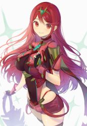 Rule 34 | 1girl, aegis sword (xenoblade), alternate hairstyle, black gloves, breasts, chest jewel, earrings, fingerless gloves, fujie-yz, gloves, highres, jewelry, large breasts, long hair, pyra (xenoblade), red eyes, red hair, red shorts, red thighhighs, short shorts, shorts, swept bangs, sword, thighhighs, tiara, very long hair, weapon, xenoblade chronicles (series), xenoblade chronicles 2