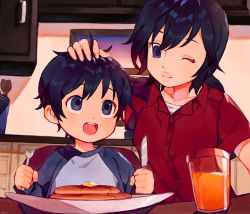Rule 34 | 1boy, 1girl, blue eyes, cabinet, chair, child, commentary, day, english commentary, food, fork, headpat, highres, holding, holding fork, holding knife, indoors, juice, kitchen, knife, mother and son, nemui (nemuriyagi), one eye closed, open mouth, orange juice, original, pancake, pancake stack, shirt, sitting, smile, symbol-only commentary, teeth, upper teeth only