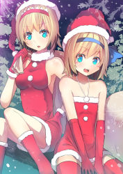 Rule 34 | 2girls, :d, alice margatroid, alice margatroid (pc-98), bare shoulders, blonde hair, blue eyes, boots, censored, christmas, convenient censoring, covering privates, covering crotch, culter, dress, dual persona, elbow gloves, flat chest, gloves, hair ribbon, hairband, hat, highres, in tree, looking at viewer, multiple girls, open mouth, red footwear, red gloves, red legwear, ribbon, sack, santa costume, santa hat, sitting, sitting in tree, sleeveless, sleeveless dress, smile, strapless, strapless dress, thighhighs, time paradox, touhou, touhou (pc-98), tree, upskirt, v arms, zettai ryouiki