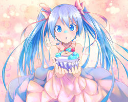 Rule 34 | 1girl, bad id, bad pixiv id, blue eyes, blue hair, cherry, dress, food, food on face, fruit, hair ribbon, hatsune miku, long hair, magenta (atyana), matching hair/eyes, open mouth, ribbon, solo, twintails, vocaloid