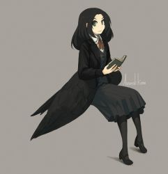 Rule 34 | 1girl, asterisk kome, black hair, black pantyhose, book, green eyes, grey background, long skirt, low wings, mary janes, monochrome background, original, pantyhose, reading, shoes, simple background, skirt, solo, winged fusiliers, wings