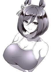 Rule 34 | 1girl, animal ears, bare shoulders, black hair, blush, bob cut, breasts, cleavage, closed mouth, collarbone, eishin flash (umamusume), greyscale, hair between eyes, highres, horse ears, horse girl, large breasts, looking at viewer, monochrome, pataneet, short hair, simple background, smile, solo, swept bangs, swimsuit, tracen swimsuit, umamusume, upper body, white background
