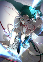 Rule 34 | 1boy, blurry, blurry background, character request, commentary request, covered mouth, depth of field, electricity, fingernails, foreshortening, freckles, gradient background, green eyes, grey background, grey hair, holding, holding weapon, lilithbloody, looking at viewer, magi the labyrinth of magic, male focus, robe, sash, short sleeves, solo, sparkle, turban, weapon, wide sleeves