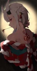 Rule 34 | 1girl, absurdres, bare shoulders, bell, closed mouth, from behind, grey hair, hair bell, hair bun, hair ornament, highres, hololive, horns, jingle bell, looking at viewer, looking back, mouth hold, multicolored hair, nakiri ayame, nakiri ayame (1st costume), nape, off shoulder, oni, profile, red eyes, red hair, single side bun, skin-covered horns, solo, streaked hair, virgo76612871, virtual youtuber