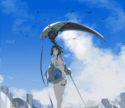 Rule 34 | 1girl, adesu (gekkahyouzin), animal, arknights, ball, beachball, bikini, bikini under clothes, bird, black hair, blue sky, building, carrying, carrying under arm, closed mouth, cloud, collarbone, commentary request, day, feet out of frame, frilled bikini, frills, grey eyes, hair intakes, highres, holding, holding scythe, jacket, la pluma (arknights), la pluma (summer flowers) (arknights), long hair, long sleeves, navel, off shoulder, open clothes, open jacket, outdoors, puffy long sleeves, puffy sleeves, scythe, sky, solo, standing, swimsuit, transparent, white bikini, white jacket