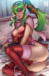 Rule 34 | 1girl, artist logo, artist name, ass, bed, breasts, cameltoe, cape, cleavage, deviantart username, dress, female focus, fire emblem, fire emblem awakening, full body, green eyes, green hair, hair ornament, hair ribbon, highres, hip focus, jewelry, large breasts, lips, long hair, looking at viewer, matching hair/eyes, navel, nintendo, nopeys, open mouth, panties, patreon username, pink cape, pink panties, pink ribbon, pink thighhighs, pointy ears, ponytail, red dress, red thighhighs, ribbon, short dress, side slit, sitting, smile, solo, strapless, strapless dress, thighhighs, thighs, tiara, tiki (fire emblem), underwear, watermark, web address