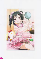 Rule 34 | 10s, 1girl, absurdres, artist request, black hair, blush, bow, casual, dress, hair bow, hand mirror, highres, love live!, love live! school idol festival, love live! school idol project, makeup brush, mirror, official art, pink dress, pink theme, red eyes, sitting, smile, solo, twintails, yazawa nico