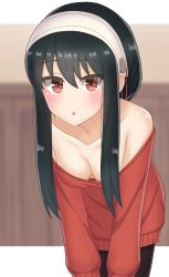 Rule 34 | 1girl, absurdres, bare shoulders, black hair, blurry, blurry background, blush, breasts, cleavage, clueless, downblouse, earrings, hands on own knees, highres, jewelry, katsuragi b k, leaning forward, long hair, looking at viewer, medium breasts, no bra, off shoulder, parted lips, red eyes, red sweater, solo, spy x family, sweater, textless version, yor briar