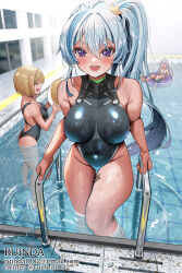 Rule 34 | 3girls, barcode, barcode tattoo, bare shoulders, black one-piece swimsuit, blush, breasts, climbing ladder, covered navel, drain (object), ephnel, hair between eyes, highleg, large breasts, leg tattoo, long hair, looking at viewer, multicolored hair, multiple girls, one-piece swimsuit, ponytail, pool, pool ladder, poolside, purple eyes, ruinda, smile, soulworker, streaked hair, swimsuit, tattoo, very long hair, water, wet, wet clothes, wet swimsuit, white hair