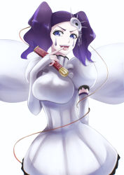 Rule 34 | 1girl, bleach, breasts, cirucci sanderwicci, dress, elbow gloves, facial mark, fake wings, finger to tongue, fingerless gloves, gloves, hair ornament, highres, holding, holding whip, large breasts, medium hair, puffy short sleeves, puffy sleeves, purple eyes, purple hair, short dress, short sleeves, short twintails, simple background, solo, sumire 1046, tongue, tongue out, twintails, whip, white background, white dress, white gloves, wings