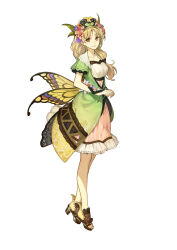 1girl absurdres atelier_(series) atelier_shallie ayesha_altugle blonde_hair brown_eyes bug butterfly closed_mouth dress flower full_body hair_flower hair_ornament hat hidari_(left_side) highres insect long_hair looking_at_viewer low-tied_long_hair multicolored_wings official_art pink_dress shoes short_sleeves smile solo standing tachi-e toeless_footwear white_background wings