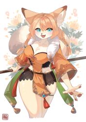 Rule 34 | 1girl, :d, animal ear fluff, animal ears, black shorts, blonde hair, blue eyes, blush, braid, breasts, crop top, cropped legs, cyan eyes, female focus, floral background, fox ears, fox girl, fox tail, fur trim, furry, furry female, highres, holding, holding staff, holding weapon, kawarage yatano, large breasts, looking at viewer, open mouth, original, pawpads, pelvic curtain, short shorts, shorts, skindentation, smile, solo, staff, staff (weapon), tail, thighlet, thighs, twin braids, weapon