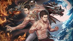 Rule 34 | 2boys, abs, absurdres, afro, black hair, brown hair, clenched hand, clenched hands, colored sclera, dragon, dragonfish, eastern dragon, facial hair, fangs, fire, grey pants, highres, horns, irezumi, jewelry, kasuga ichiban, kiryu kazuma, male focus, manly, multiple boys, necklace, pants, red pants, ryuu ga gotoku (series), ryuu ga gotoku 1, ryuu ga gotoku 7, sharp teeth, smile, syu uban, tattoo, teeth, trait connection, water, yellow sclera
