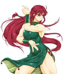 Rule 34 | 1girl, bare legs, bare shoulders, blue eyes, braid, chinese clothes, female focus, fighting stance, highres, hong meiling, ledjoker07, long hair, muscular, muscular female, no headwear, red hair, side slit, simple background, solo, touhou, twin braids, very long hair, white background