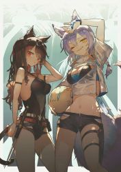 Rule 34 | 2girls, absurdres, animal ears, arknights, arm strap, bare legs, belt, bikini, black bikini, black choker, black one-piece swimsuit, black shorts, breasts, brown hair, cat ears, cat girl, cat tail, choker, cleavage, cleavage cutout, closed mouth, clothing cutout, commentary request, cropped jacket, ear piercing, expressionless, eyewear on head, female focus, groin, hand up, highres, holster, jacket, kensei (v2), large breasts, large tail, long hair, looking at viewer, midriff, multiple girls, navel, official alternate costume, one-piece swimsuit, one eye closed, palm tree, parted lips, piercing, provence (arknights), provence (casual vacation) (arknights), purple hair, red eyes, see-through, see-through jacket, short sleeves, shorts, skin tight, skyfire (arknights), skyfire (temperature difference) (arknights), smile, sunglasses, swimsuit, tail, teeth, thigh holster, tree, upper teeth only, wand, white jacket, wolf ears, wolf girl, wolf tail, yellow eyes