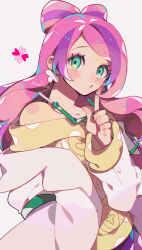 Rule 34 | 1girl, blush, coat, collarbone, commentary request, creatures (company), eyelashes, eyeshadow, game freak, green eyes, hand in pocket, head tilt, highres, index finger raised, kawasaki (kwsk 8765), long hair, long sleeves, looking at viewer, makeup, miriam (pokemon), multicolored hair, nintendo, open clothes, open coat, pink eyeshadow, pink hair, pokemon, pokemon sv, solo, streaked hair, sweater, white coat, yellow sweater