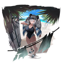 Rule 34 | 1girl, alternate costume, animal ears, arknights, arm behind back, beach, black hair, breasts, cleavage, collarbone, competition swimsuit, eyewear on head, feater (arknights), flip-flops, glasses, hair over eyes, highres, infection monitor (arknights), large breasts, multicolored hair, one-piece swimsuit, outdoors, palm tree, panda ears, razu (rus), sandals, shower (place), shower head, silver hair, skindentation, solo, standing, streaked hair, swimsuit, tinted eyewear, towel, tree, yellow eyes