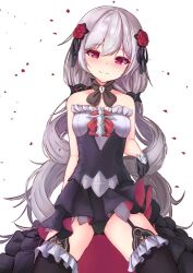 Rule 34 | 1girl, bad anatomy, bad id, bad pixiv id, black dress, black gloves, black panties, black thighhighs, closed mouth, dress, falling petals, fang, flower, frilled dress, frills, gloves, hair flower, hair ornament, honkai (series), honkai impact 3rd, long hair, nemir, panties, petals, red eyes, red flower, red rose, rose, simple background, skin fang, smile, solo, strapless, strapless dress, theresa apocalypse, theresa apocalypse (luna kindred), thighhighs, twintails, underwear, very long hair, white background, white hair