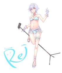 Rule 34 | 1girl, ayanami rei, bikini, blue bikini, blue nails, breasts, character name, collarbone, criss-cross halter, earrings, feet, full body, gloves, grey gloves, hair between eyes, hairband, halterneck, highres, holding, holding microphone stand, index finger raised, jewelry, konbari tariumu, microphone stand, nail polish, neon genesis evangelion, red eyes, see-through, short hair, silver hair, simple background, small breasts, solo, standing, standing on one leg, string bikini, swimsuit, thigh strap, toenail polish, toenails, toes, underboob, white background