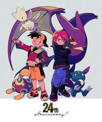 Rule 34 | 2boys, anniversary, backwards hat, black eyes, black footwear, black jacket, boots, closed mouth, commentary request, creatures (company), crobat, ethan (pokemon), game freak, gen 2 pokemon, grin, hat, highres, holding, holding poke ball, jacket, knees, long hair, long sleeves, looking at viewer, male focus, multiple boys, nintendo, ok ko19, pants, pink hair, poke ball, poke ball (basic), pokemon, pokemon (creature), pokemon gsc, purple pants, shoes, shorts, shuckle, silver (pokemon), smile, sneasel, standing, teeth, togetic, yellow shorts