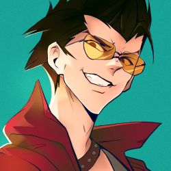 Rule 34 | 1boy, absurdres, aviator sunglasses, black hair, collared jacket, commentary, english commentary, glasses, highres, jacket, looking at viewer, male focus, nem graphics, no more heroes, portrait, simple background, smile, solo, spiked hair, sunglasses, travis strikes back: no more heroes, travis touchdown