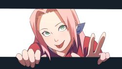 1girl absurdres black_border border green_eyes haruno_sakura highres long_hair looking_at_viewer naruto naruto_(series) pink_hair pnpk_1013 red_shirt shirt simple_background solo tongue tongue_out two-tone_background v white_background