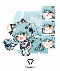 Rule 34 | 1girl, animal ears, apron, aqua hair, bell, black dress, black footwear, black ribbon, blush, brown eyes, cat ears, cat tail, chibi, closed eyes, closed mouth, dress, elbow gloves, english text, expressions, frilled apron, frills, gloves, goddess of victory: nikke, hair ribbon, highres, holding, holding tray, knees together feet apart, light frown, long hair, looking at viewer, maid headdress, multiple views, neck bell, open mouth, paw hair ornament, privaty (unkind maid) (nikke), ribbon, ringlets, standing, sweatdrop, tail, thighhighs, thighs, tray, twintails, uz (uzru0428), very long hair, white apron, white gloves, white thighhighs, zoom layer