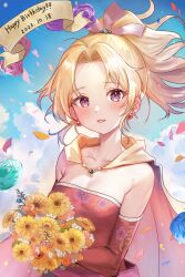 Rule 34 | 1girl, absurdres, bare shoulders, blonde hair, blue sky, blush, cape, cloud, confetti, dated, detached sleeves, dress, earrings, final fantasy, final fantasy vi, flower, happy birthday, highres, holding, holding flower, jewelry, looking at viewer, open mouth, pink eyes, ponytail, sky, solo, tina branford, upper body, yua 666666