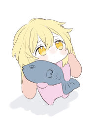 Rule 34 | 1girl, aged down, animal hood, baby, babygrow, blonde hair, commentary request, fish, genshin impact, highres, hirarinoie, holding, holding stuffed toy, hood, looking up, lumine (genshin impact), rabbit hood, sketch, solo, stuffed toy, white background, yellow eyes