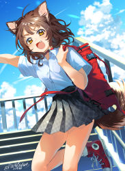 Rule 34 | 1girl, absurdres, ahoge, animal ears, arm up, bag, blue sky, blush, brown eyes, brown hair, cloud, cloudy sky, collar, cumulonimbus cloud, dog ears, dog girl, dog tail, fang, happy, heart, highres, light particles, light rays, looking at viewer, medium hair, open mouth, original, outdoors, patterned, patterned clothing, railing, red bag, red collar, red footwear, revision, shinonome neko-tarou, shoes, signature, skirt, sky, smile, sneakers, socks, solo, stairs, tail, tongue