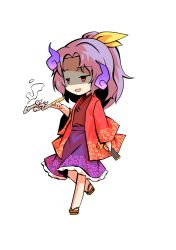 Rule 34 | 1girl, brown footwear, chibi, dairi, hair ribbon, hand fan, hand up, holding, holding fan, japanese clothes, kimono, komakusa sannyo, long sleeves, medium hair, multicolored clothes, ponytail, purple hair, red eyes, red sleeves, ribbon, simple background, smile, smug, solo, standing, tachi-e, touhou, transparent background, white background, yellow ribbon