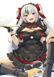 Rule 34 | 1girl, absurdres, azur lane, beer mug, black dress, black footwear, black gloves, black hair, breasts, cleavage, clothing cutout, cross, cup, dress, elbe (azur lane), elbe (time to show off?) (azur lane), frilled dress, frills, gloves, hair ribbon, highres, holding, holding tray, iron cross, large breasts, layered dress, long hair, mug, multicolored hair, nori aji, official alternate costume, open mouth, purple eyes, red ribbon, ribbon, simple background, sitting, solo, spill, spilling, streaked hair, tray, two-tone hair, underboob cutout, very long hair, white background, white hair