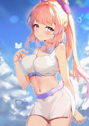 Rule 34 | 1girl, absurdres, bare arms, bare shoulders, blue eyes, blue hair, blue sky, blunt bangs, blush, breasts, bubble, bug, butterfly, casual, cleavage, cloud, cloudy sky, cowboy shot, crop top, day, dianhua dianhua he, genshin impact, hair ornament, half-closed eyes, highres, insect, long hair, looking at viewer, medium breasts, midriff, multicolored hair, navel, pink hair, ponytail, sangonomiya kokomi, short shorts, shorts, sky, solo, stomach, two-tone hair, wet, white shorts
