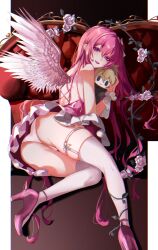 Rule 34 | 1girl, angel wings, blush, bow, breasts, character doll, choker, corset, criss-cross halter, dorothy (nikke), dorothy (nostalgia) (nikke), dress, feathered wings, feathers, flower, goddess of victory: nikke, hair bow, hair bun, hair intakes, halterneck, hat iue, high heels, highres, hugging doll, hugging object, large breasts, lipstick, long hair, looking at viewer, looking back, makeup, nail polish, official alternate costume, panties, pantyshot, parted lips, pink choker, pink dress, pink hair, pink lips, pink nails, pinne (nikke), purple eyes, short dress, single hair bun, single side bun, skirt, sleeveless, sleeveless dress, smile, solo, table, thigh strap, thighhighs, thighs, underwear, white bow, white panties, white thighhighs, wings