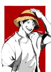 Rule 34 | 1boy, alternate headwear, bucket hat, facial scar, hand on headwear, hat, looking at viewer, male focus, monkey d. luffy, nok (nok 1), one piece, open mouth, partially colored, red background, scar, scar on cheek, scar on face, short hair, simple background, smile, solo, teeth, upper body