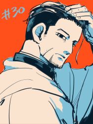 Rule 34 | 1boy, abunaideka, beard, cloak, commentary request, facial hair, facial mark, golden kamuy, hand in own hair, highres, hood, hooded cloak, looking at viewer, loose hair strand, male focus, military uniform, ogata hyakunosuke, orange background, partially colored, profile, sideburns, simple background, solo, undercut, uniform, upper body