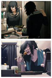 Rule 34 | 1boy, bandage on face, bandages, bandaid, bandaid on hand, black eyes, black hair, black jumpsuit, black shirt, boku no hero academia, book, bruise, bruise on face, can, cellphone, chopsticks, closed mouth, collarbone, computer, cup, curtains, eating, electric razor, eraser head (boku no hero academia), facial hair, faucet, fingernails, grey scarf, happy birthday, highres, holding, holding chopsticks, indoors, injury, jumpsuit, laptop, long sleeves, looking at phone, male focus, messy hair, microsoft excel, mirror, mug, mustache stubble, phone, present mic, red bull, rnuyvm, scarf, shaving cream, shirt, sink, smartphone, sparse stubble, sticky note, stubble, t-shirt, text messaging, toothbrush, towel, towel around neck, tv dinner