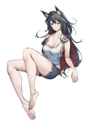 Rule 34 | 1girl, absurdres, animal ears, bare legs, barefoot, black hair, black shorts, breasts, cat ears, cleavage, closed mouth, collarbone, commentary, cy9, feet, full body, highres, legs, long hair, looking at viewer, medium breasts, original, shirt, shorts, solo, toes, white background, white shirt, yellow eyes