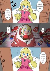 Rule 34 | 2girls, 3koma, blanket, blonde hair, blush, bowsette, cabbie hat, character doll, comic, hugging doll, english text, engrish text, flying sweatdrops, hat, horns, looking at another, mario (series), multiple girls, new super mario bros. u deluxe, nintendo, hugging object, princess peach, ranguage, sesield, super crown, sweatdrop, walk-in