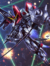 Rule 34 | ball and chain (weapon), commentary request, debris, exhaust, explosion, green eyes, gundam, gundam seed, highres, holding, holding weapon, laser, looking at viewer, mecha, mobile suit, motion blur, no humans, partial commentary, raider gundam, robot, science fiction, solo, space, spiked ball and chain, star (sky), thrusters, v-fin, weapon, youiki