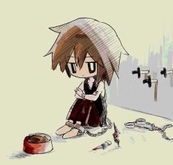 Rule 34 | 1other, androgynous, atoymk, bandaged wrist, bandages, black tank top, bowl, bright pupils, brown eyes, brown hair, chain, chibi, closed mouth, commentary request, crossed arms, dagger, highres, knife, korean commentary, kurohebi, len&#039;en, pants, pet bowl, red pants, restrained, short hair, sitting, solo, tank top, weapon, white pupils