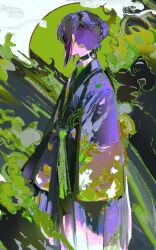 Rule 34 | 1girl, arms at sides, choker, covered face, cowboy shot, facing away, facing to the side, from side, green theme, hakama, highres, japanese clothes, john kafka, kimono, long sleeves, original, purple hair, purple hakama, purple kimono, purple theme, sash, sidelocks, sleeves past fingers, sleeves past wrists, smoke, solo, standing, updo, white background, wide sleeves