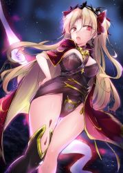 Rule 34 | asymmetrical sleeves, bitter sweet (fate/grand order), blonde hair, cape, earrings, ereshkigal (fate), fate/grand order, fate (series), flower sunshine, fumitsuki (minaduki 6), gold trim, highres, hoop earrings, ishtar (fate), jewelry, long hair, multicolored cape, multicolored clothes, parted bangs, single thighhigh, solo, thighhighs, uneven sleeves, very long hair, yellow cape