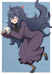 Rule 34 | 1girl, @ @, ^^^, ahoge, alternate breast size, black hair, black legwear, blue background, blue eyes, border, breasts, commentary request, creatures (company), cup, dress, flying sweatdrops, game freak, hair between eyes, hairband, hex maniac (pokemon), highres, holding, holding saucer, john (a2556349), large breasts, long dress, long hair, long sleeves, looking at viewer, mary janes, nintendo, notice lines, open mouth, pokemon, pokemon xy, purple dress, purple hairband, saucer, shoes, signature, solo, standing, standing on one leg, steam, sweatdrop, teabag, teacup, turtleneck, white border