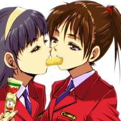 Rule 34 | 2girls, blue hair, blue haired girl (kamisimo 90), blue neckwear, brown hair, close-up, closed eyes, commentary request, croquette, eyelashes, food, hair ornament, headband, high ponytail, jacket, kamisimo 90, kiss, lips, mouth hold, multiple girls, necktie, original, ponytail girl (kamisimo 90), red jacket, shirt, teeth, upper teeth only, white shirt, yuri