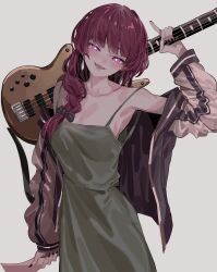 Rule 34 | 1girl, @ @, absurdres, armpits, bachi, bass guitar, black nails, bocchi the rock!, braid, breasts, commentary, dress, green dress, grey background, hair over shoulder, highres, hiroi kikuri, holding, holding instrument, index finger raised, instrument, jacket, kazukingu, letterman jacket, long hair, long sleeves, looking at viewer, medium breasts, nail polish, open clothes, open jacket, pink eyes, plectrum, purple eyes, purple hair, simple background, single braid, solo