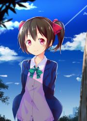 Rule 34 | 1girl, 53c (ray cordova), arms behind back, black hair, blazer, blue jacket, blue sky, blush, bow, bowtie, cardigan, closed mouth, dress shirt, hair ribbon, highres, jacket, long sleeves, looking at viewer, love live!, love live! school idol project, otonokizaka school uniform, pink cardigan, red bow, red bowtie, red eyes, ribbon, school uniform, shirt, short hair, sky, smile, solo, striped bow, striped bowtie, striped clothes, striped neckwear, twintails, white shirt, winter uniform, yazawa nico