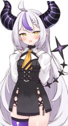 Rule 34 | 1girl, ahoge, ascot, black choker, black dress, blush, braid, choker, cocozasa, demon girl, demon horns, dress, grey hair, highres, hololive, horns, la+ darknesss, long hair, long sleeves, looking at viewer, multicolored hair, o-ring, open mouth, panty straps, pointy ears, purple hair, purple thighhighs, sidelocks, simple background, single thighhigh, sleeves past wrists, solo, star (symbol), streaked hair, striped horns, sweatdrop, thighhighs, thighs, very long hair, virtual youtuber, white background, yellow ascot, yellow eyes